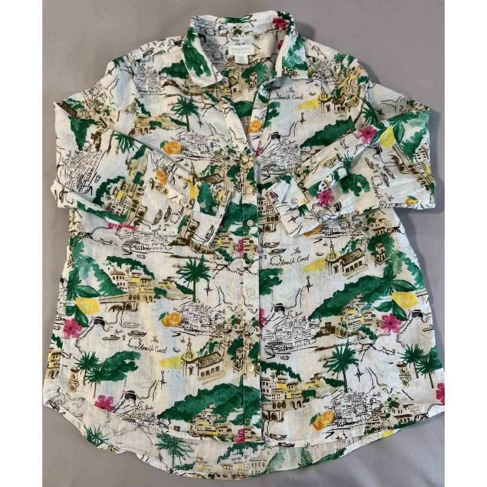 Cynthia Rowley Womens Plus 1X Blouse Shirt Amalfi Coast 100% Linen Rolled Cuff - Picture 12 of 13